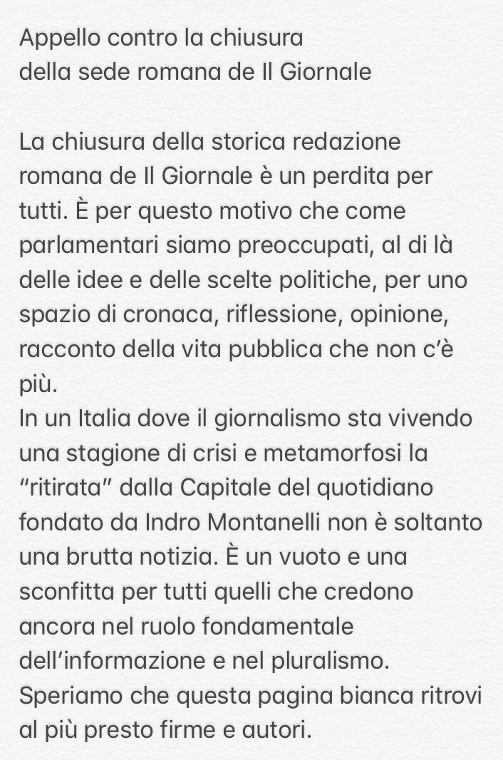 giornale_rm's tweet photo. Ecco il testo dell’appello contro la chiusura della redazione di Roma del Giornale sottoscritto da 120 tra deputati e senatori di tutti i partiti presenti in Parlamento (ad eccezione del M5s) #Berlusconi @berlusconi @ilgiornale https://t.co/qiB7RhQb4n