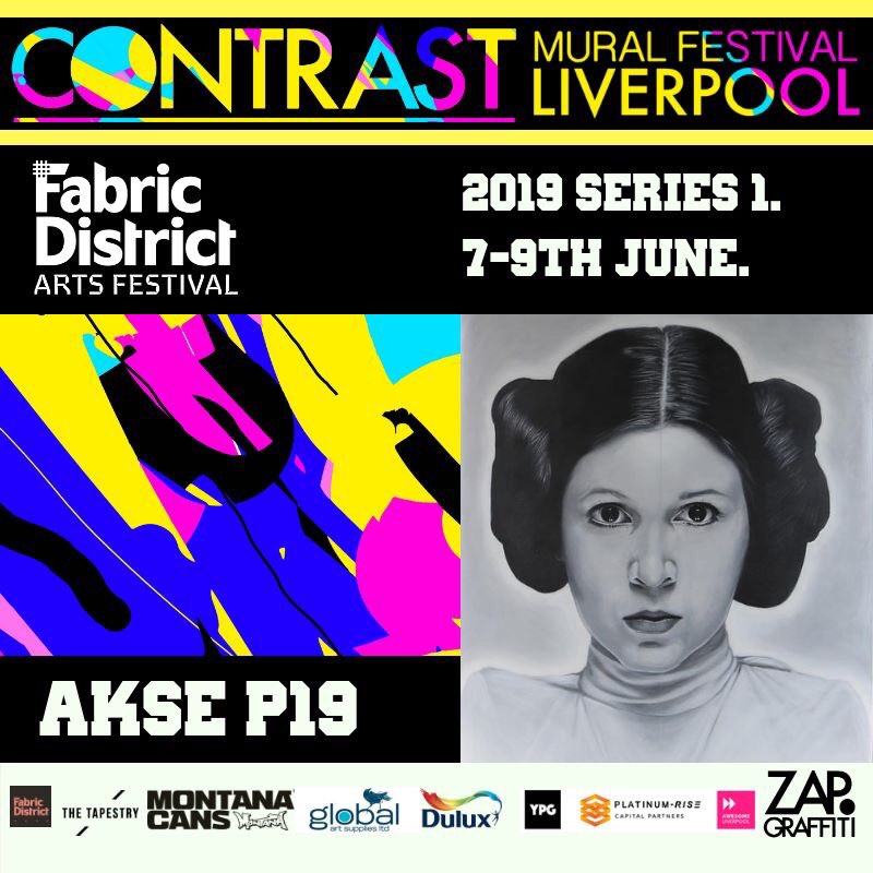contrastmural's tweet photo. Contrast Mural Fest is back! 2019 series 1 at #FDartsfest @fabdistrictuk 7-9th June. @Akse_P19 will be creating alongside a host of other artists! @zapgraffiti with support from @TapestryLpl @AwesomeLPL @MontanaCansUK @GlobalArtSup1 Stay tuned! https://t.co/JWZikd0qFI