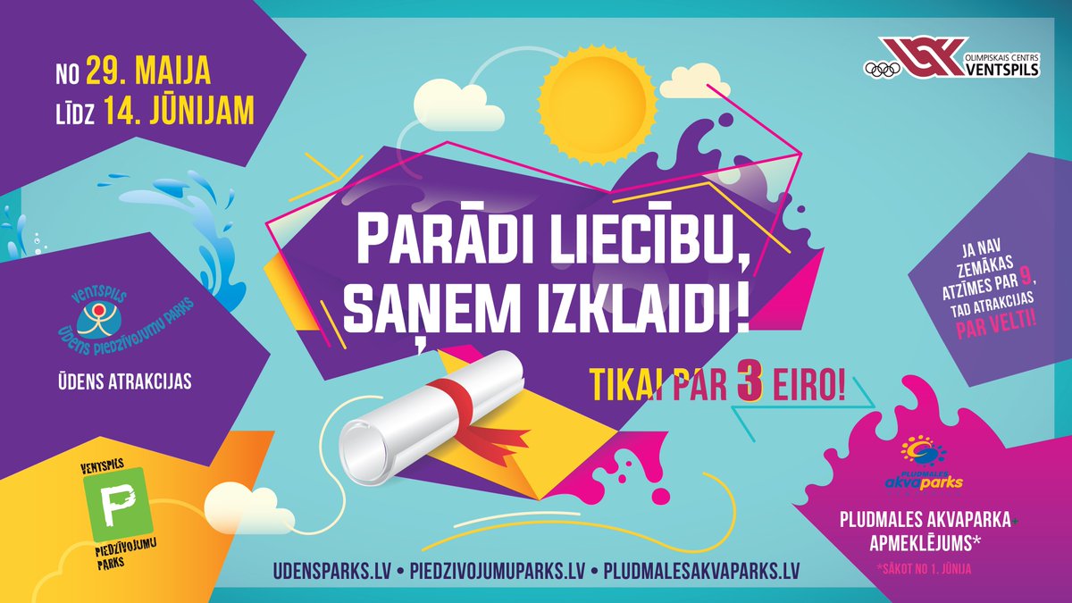 PiedzParks's tweet photo. Mums ir lieliski jaunumi visiem skolēniem!💯👏
No 29.05. līdz 14.06. skolēni, uzrādot savu liecību, varēs apmeklēt atrakcijas 
@PiedzParks, baudīt ūdens priekus Ūdens piedzīvojumu parkā vai Pludmales akvaparkā tikai par 3 eiro!
Plašāka informācija - https://t.co/2yXIS7tfKh https://t.co/9SfP8Z4oUE