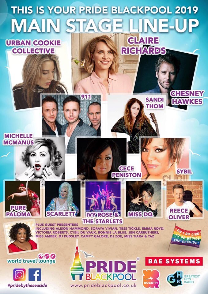 DoricHotel's tweet photo. #pridebesidetheseaside #prideblackpool #clairerichards #chesneyhawkes #cecepeniston #sybil #nineoneone #Stonewall50 #prideuk #LGBT #blackpool https://t.co/2RlBTkJTDh