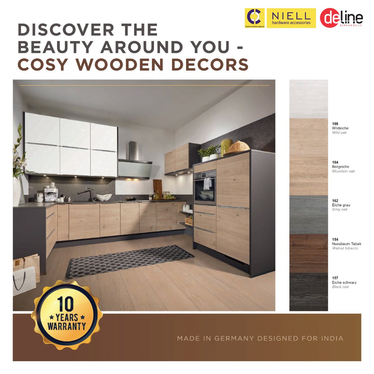 Bring depth and life to the kitchen with Deline's cosy wooden decors where Design and Lifestyle merge harmoniously.#Deline #DelineLiving #DesignsOfFuture #InteriorDesignTrends #FuturisticLiving #ModernLiving #ModularKitchens #KitchenAccessories #Cabinets #Chandrahardwareagencies