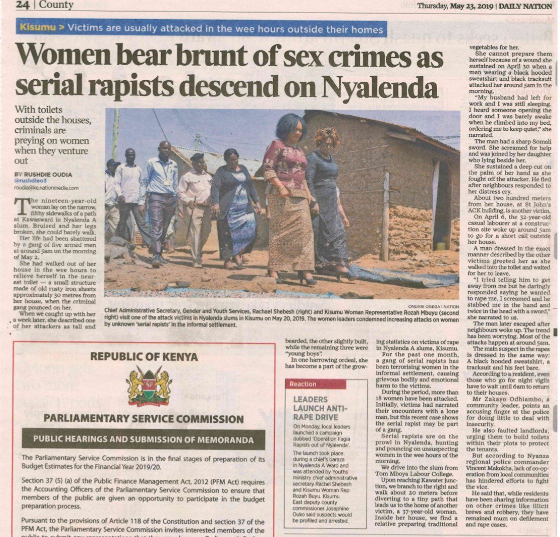 In just one month, more  than 18 women have been terrorized, by a gang of serial rapists in Nyalenda <a href="/KisumuCountyKE/">Kisumu County</a>? This is sad!  #Women #Slums #Inequality #Security #EndVAWG #GBV <a href="/WairiMunyinyi/">Wairimu Munyinyi Wahome</a> <a href="/nyachula/">CallieO</a> <a href="/DrJoanNyanyuki/">Dr. Joan Nyanyuki</a> <a href="/GBVnet/">GBV Prevention Net</a> <a href="/Gvrckenya/">GVRC Kenya</a> <a href="/CREAWKenya/">CREAW Kenya</a> <a href="/GenderInKenya/">UN Kenya for Equality</a> <a href="/KELINKenya/">KELIN</a>