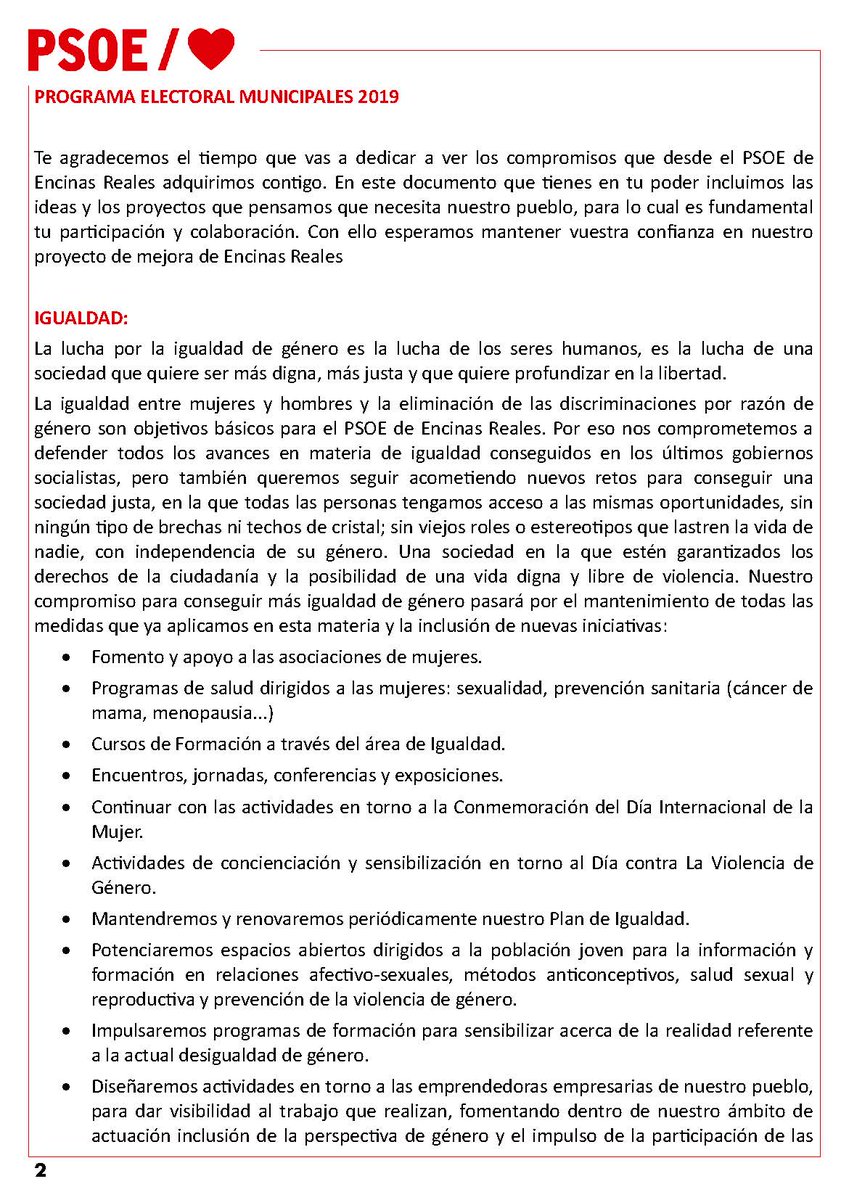 Psoe_ER's tweet photo. Aquí os dejamos nuestra primera parte del  programa electoral que recoge algunas medidas con las que nos proponemos seguir mejorando la vida en nuestro pueblo si contamos con vuestra confianza el próximo #26M. #SiempreHaciaDelante #VotaPSOE
Encinas Reales /❤️🌹🌹🌹💪💪💪 https://t.co/6erHMwFD0v