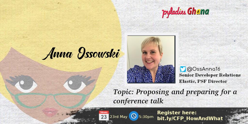 PyLadies Ghana (@pyladiesghana) on Twitter photo Our chat with <a href="/OssAnna16/">Anna Ossowski</a> is today!
Sign up here bit.ly/CFP_HowAndWhat.
#PyLadiesGhana #PyConAfrica #WomenWhoCodeInPython Our chat with <a href="/OssAnna16/">Anna Ossowski</a> is today!
Sign up here bit.ly/CFP_HowAndWhat.
#PyLadiesGhana #PyConAfrica #WomenWhoCodeInPython