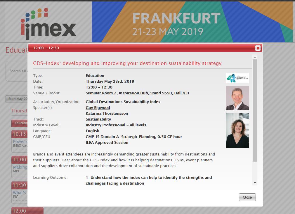 GothenburgCVB's tweet photo. Don't miss the session with Katarina Thorstensson from #Gothenborg and @guybigwood from the @GDS_Index about the work with #sustanability and the road to becoming no. 1. Today at 12.00 at #IMEX19, Thursday 23rd 12.00. #mostsustainabledestination https://t.co/wY3ZOh7fij https://t.co/r7GDf24PhU
