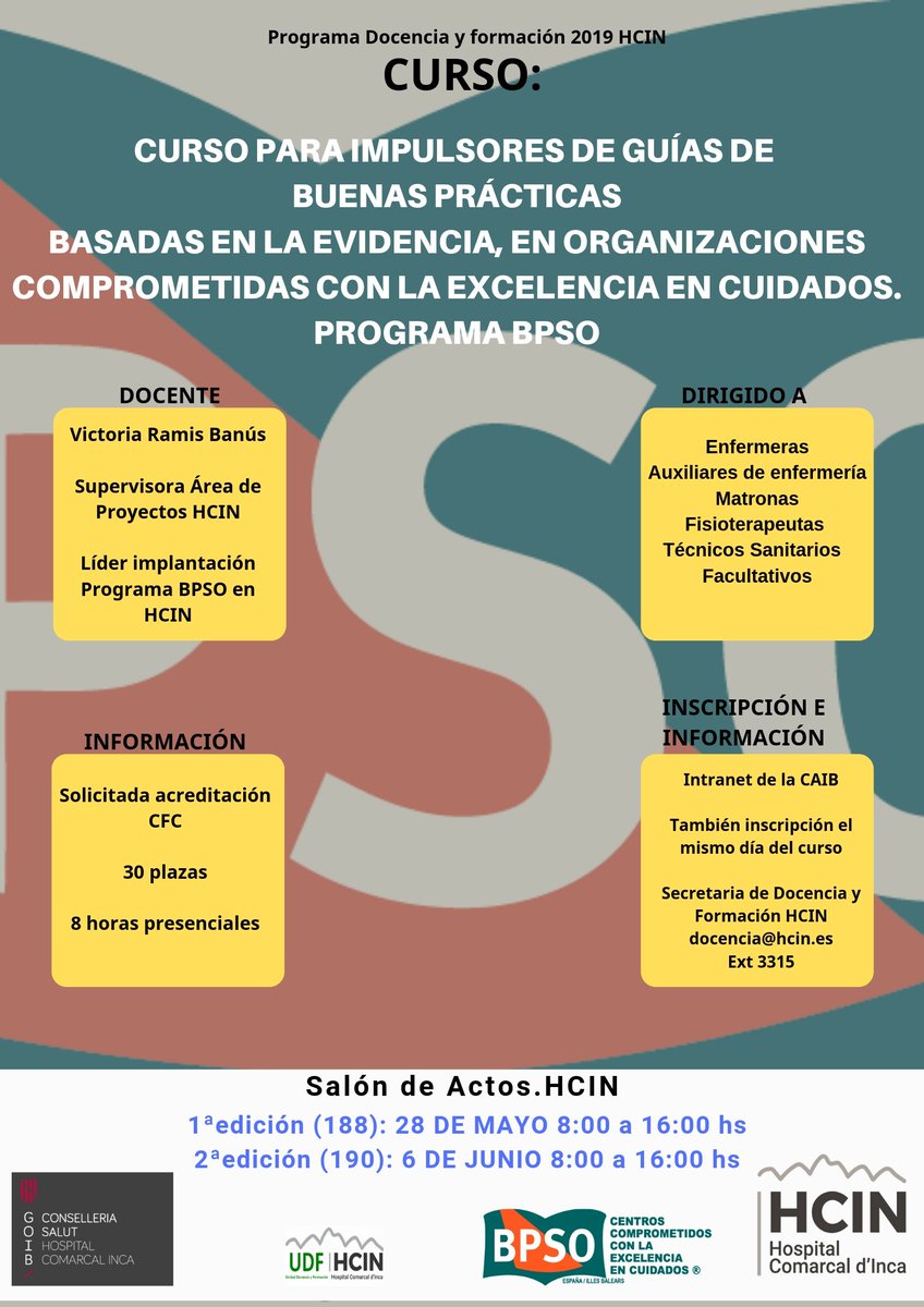 bpsohcin's tweet photo. Preparados los primeros cursos de #IMPULSORES  del programa #BPSO en el @HospitaldeInca Os esperamos a todos los interesados del #HCIN Comprometidos en la implantación de la excelencia en cuidados @BPSOspain @bpsobalears @ibsalut @BPSO_HManacor @bpsohusll https://t.co/PXi3CFfavB