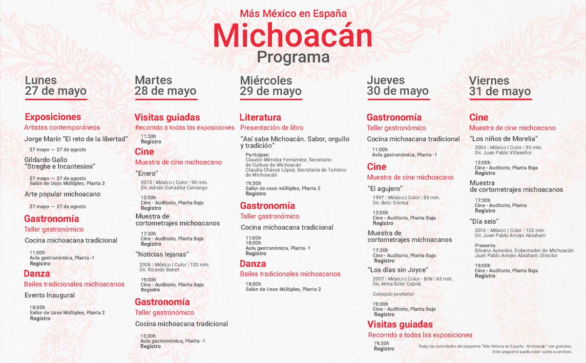 casademexicoesp's tweet photo. Vive la Semana de Michoacán en #CasadeMéxico del 27 al 31 de mayo. Todos los eventos son gratuitos. ¡Los esperamos! Más información en https://t.co/MrxpHQQXG4 https://t.co/2Fx9XAOFgo