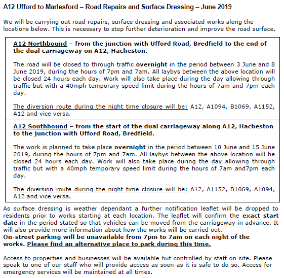 Suff_highways's tweet photo. Road repairs and surface dressing will be taking place along A12 Ufford to Marlesford, from 3 June. Please see below for full details of the works. #SuffolkRepairs https://t.co/CtZCzFMwUc