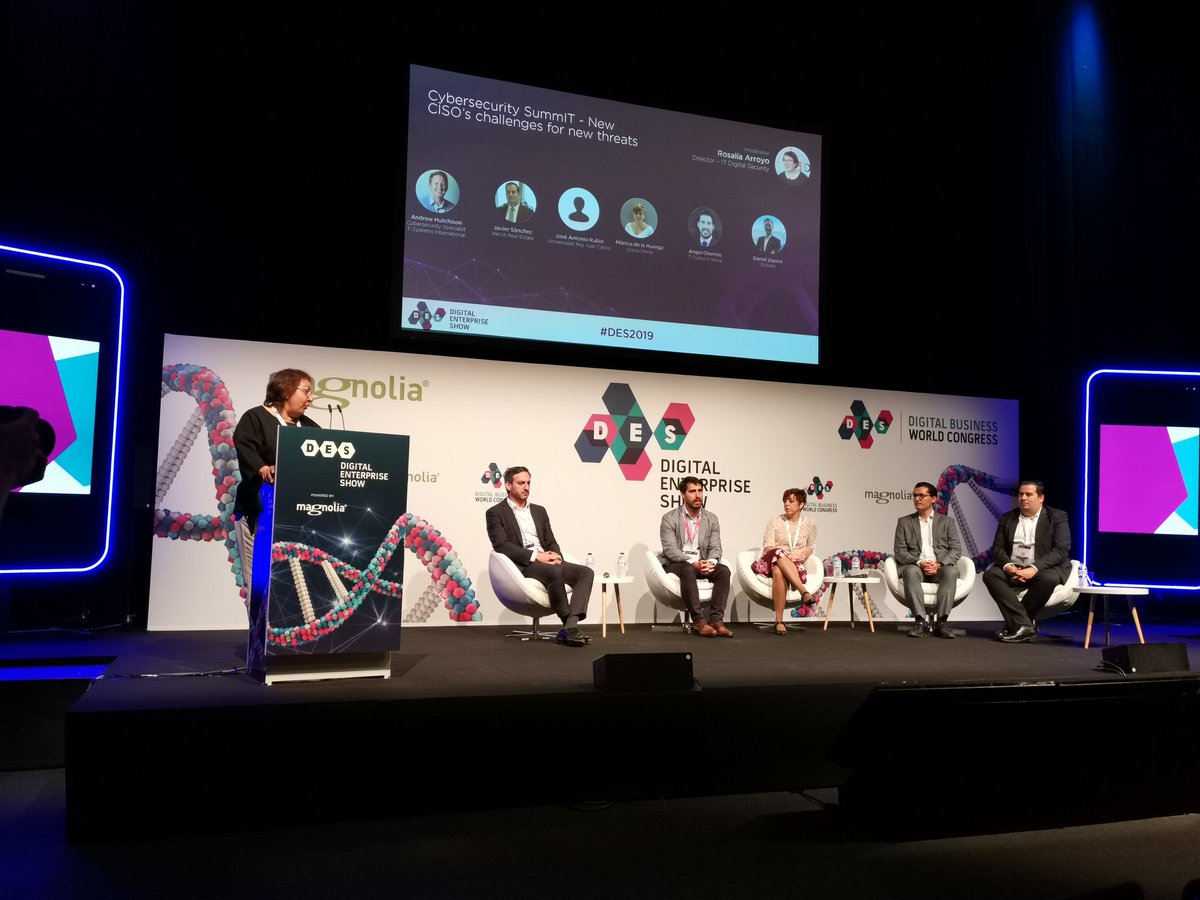 JRMelara_ITDM's tweet photo. Los retos de los CISO ante las nuevas amenazas a debate, con Javier Sánchez, @HayaRealEstate; José Antonio Rubio, @urjc; Mónica de la Huerga, @SopraSteria_ES; Ángel Otermin, @TSystems_Iberia; y Daniel Zapico, de Globalia #CibersecuritySummIT #DES2019 @ITDS_ITDM https://t.co/cuQ7rlA1ml