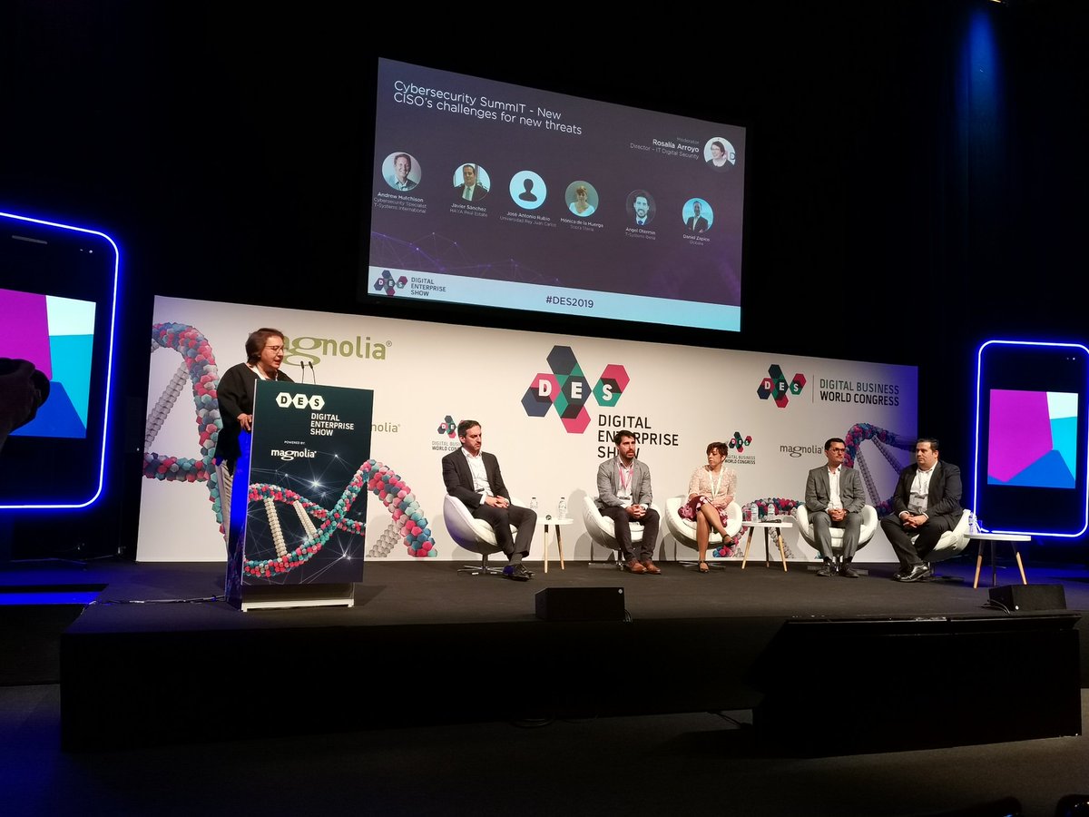 ITDS_ITDM's tweet photo. Mesa redonda: El CISO ante los retos de las nuevas amenazas, con Javier Sánchez, @HayaRealEstate; José Antonio Rubio, @urjc; Mónica de la Huerga, @SopraSteria_ES; Ángel Otermin, @TSystems_Iberia; y Daniel Zapico, de Globalia #CibersecuritySummIT #DES2019 https://t.co/5EAs5EJjEU
