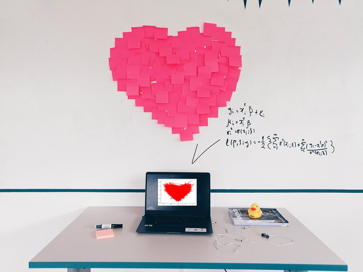 Time it took Poli to create the heart of stickies: 1 hour 
Time it took Vladi to create tha Gaussian heart: 1 min
Humour in this office: Timeless (takes forever to get it)

#HappyStValentines #Regression #TrueStory