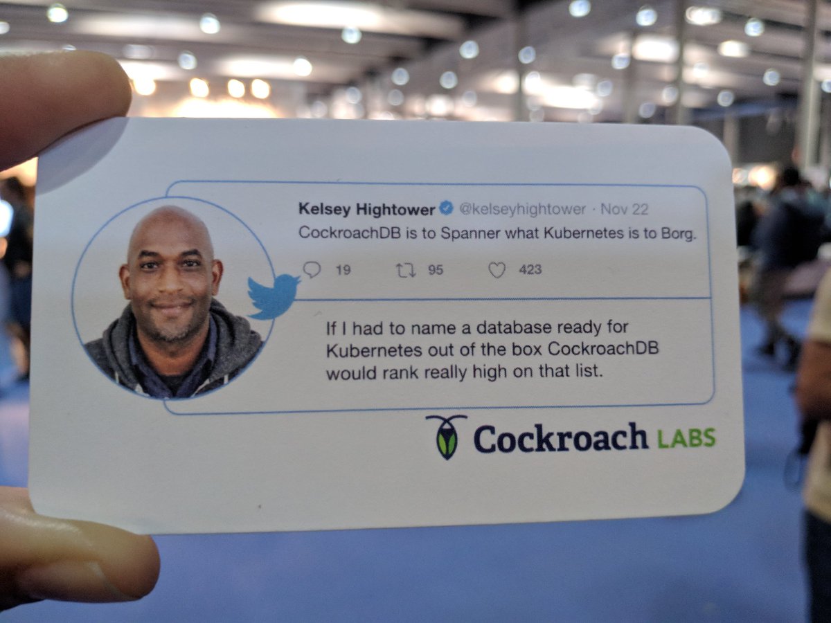 beatrizmrg's tweet photo. Want a cool, attractive, well represented card? Get @kelseyhightower on it. @CockroachDB #KubeCon & #CloundNativeCon. https://t.co/kWxy4T5EKb