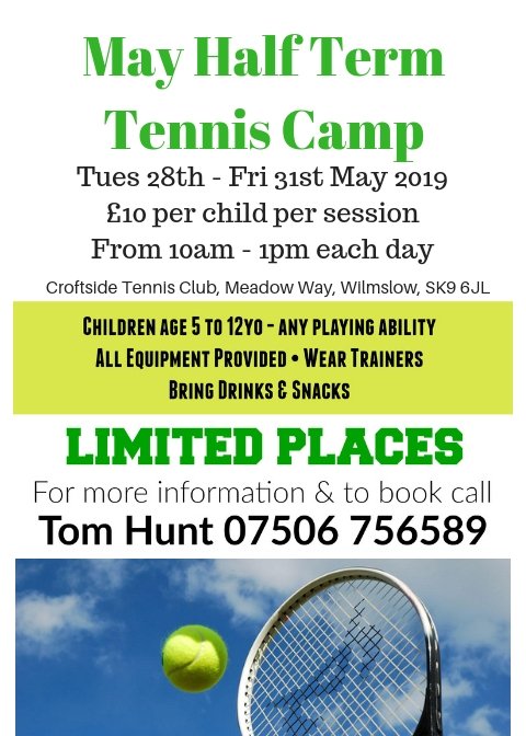 Croftside Tennis (@croftsidetennis) on Twitter photo May half term tennis camps <a href="/CroftsideTennis/">Croftside Tennis</a> . Limited availability. @LTACheshire <a href="/LTANorth/">LTA North</a> <a href="/wilmslowhigh/">Wilmslow High School</a> <a href="/socheshire/">So Cheshire</a> <a href="/wilmslowcouk/">wilmslow.co.uk</a> <a href="/AshdenePrimary/">Ashdene Primary School</a> <a href="/GorseyBank/">Gorsey Bank Primary</a> May half term tennis camps <a href="/CroftsideTennis/">Croftside Tennis</a> . Limited availability. @LTACheshire <a href="/LTANorth/">LTA North</a> <a href="/wilmslowhigh/">Wilmslow High School</a> <a href="/socheshire/">So Cheshire</a> <a href="/wilmslowcouk/">wilmslow.co.uk</a> <a href="/AshdenePrimary/">Ashdene Primary School</a> <a href="/GorseyBank/">Gorsey Bank Primary</a>