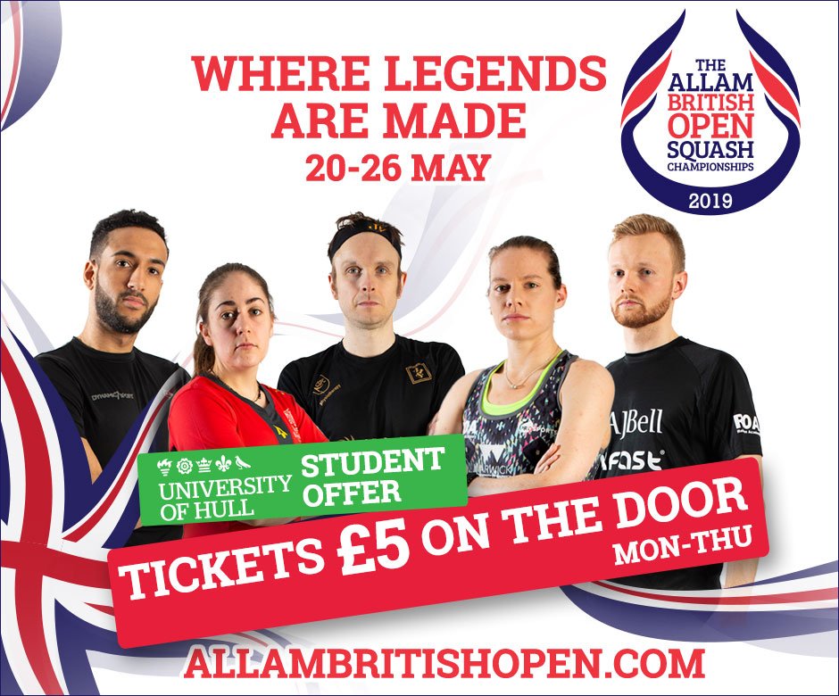 Today is the last day to take up this fantastic ticket offer. Come and soak up the atmosphere in our fantastic arena! @UniOfHull £5 OTD with student ID #ABO2019 #AllamSportCentre #WorldClassPlayers #WorldClassFacility #Squash #PSA