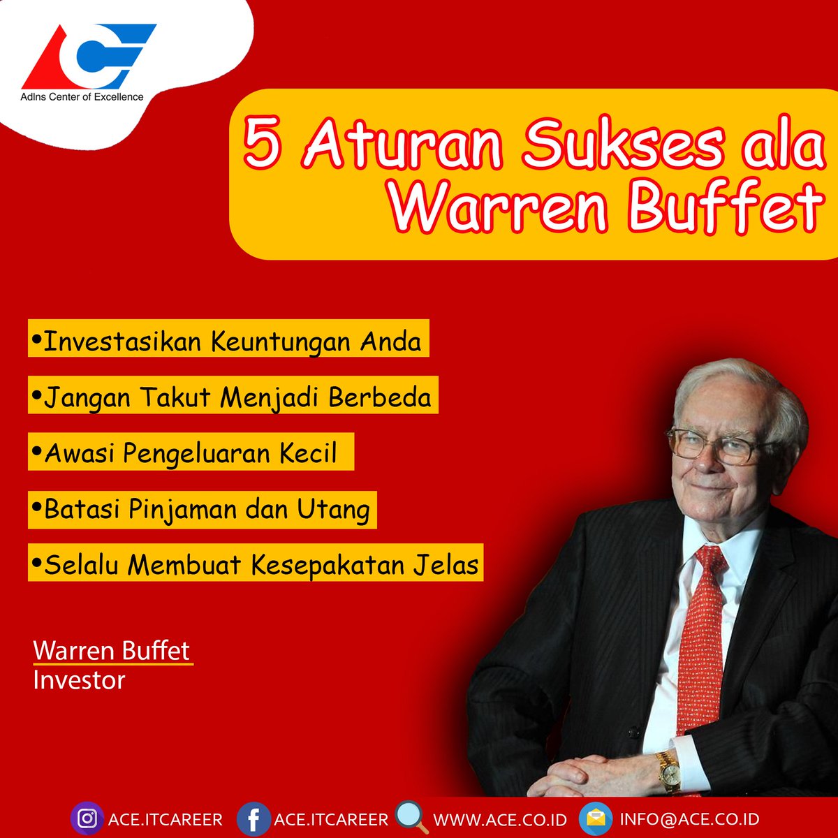 ACE_ITCareer's tweet photo. Hi sobat ACE, pada kenal ga nih sama Opa Warren Buffet? Beliau adalah salah satu orang terkaya di dunia, dengan perkiraan total kekayaan sebesar $82,9 milyar (sekitar Rp1161,8 triliun) ver Forbes per Desember 2018. Mau tahu apa saja tips kaya dari Warren Buffet? disimak yaaa! https://t.co/LhIHy49jiH