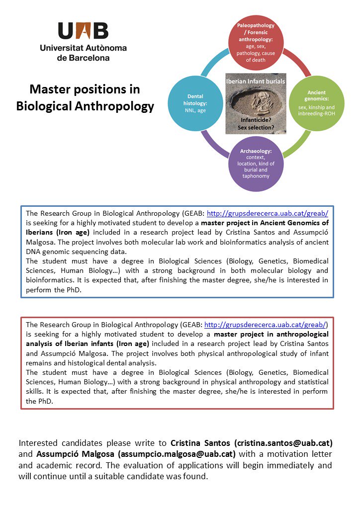 cmpereirasantos's tweet photo. PhD/MSc in Ancient Genomics of Iberians (Iron age)
PhD/MSc in Anthropological analysis of Iberian infants (Iron age)
Interested candidates contact cristina.santos@uab.cat and assumpcio.malgosa@uab.cat with a motivation letter and academic record. https://t.co/DR2NFV1yuo