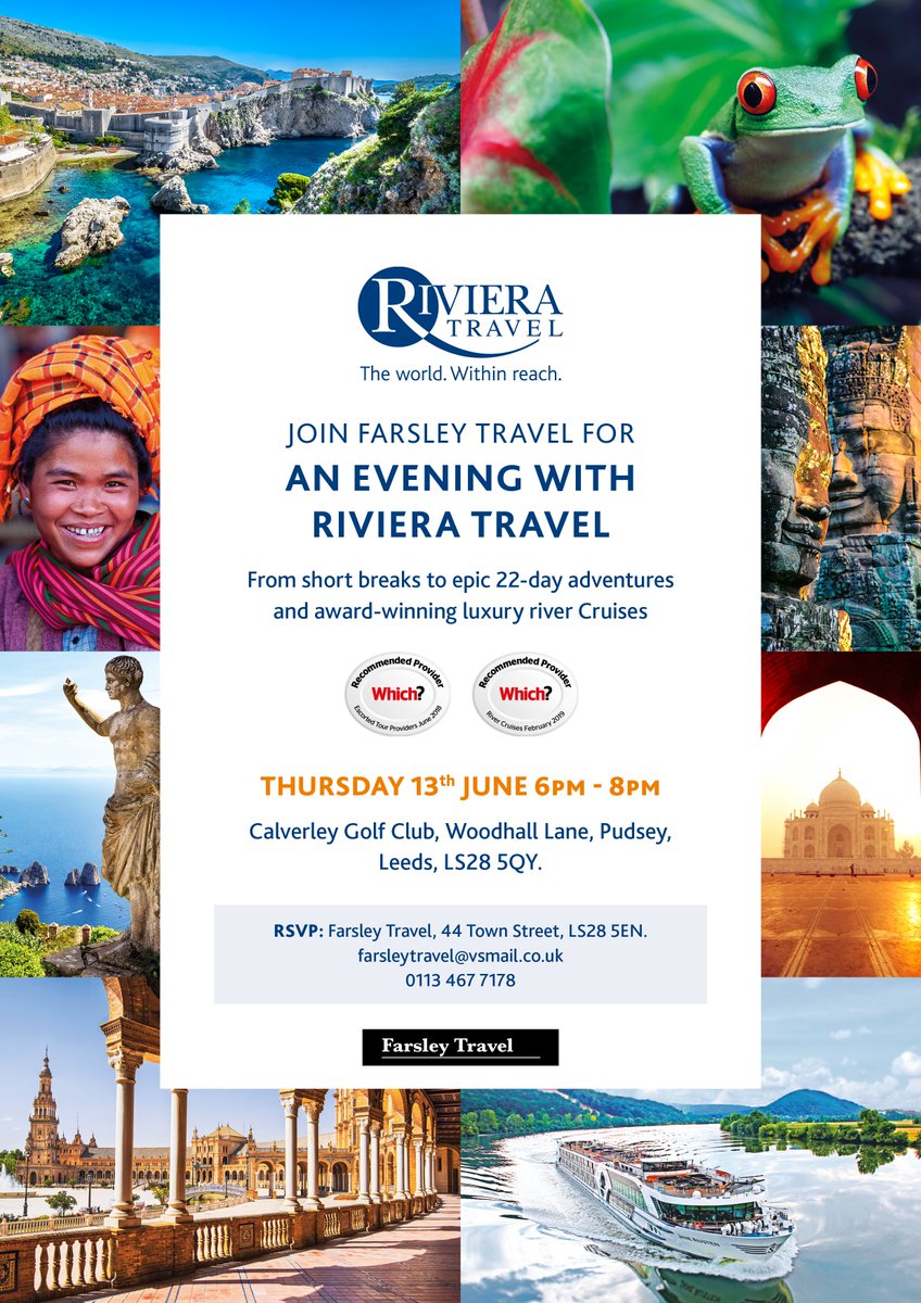 FarsleyTravel's tweet photo. Join us for an evening with Riviera Travel, there will be a presentation on the wide range of Products and destinations available to book including Escorted Tours and River Cruises. *Receive exclusive discounts and enter our prize draw to win a £100 voucher 
#event #RivieraTravel https://t.co/nLbQpuvi64