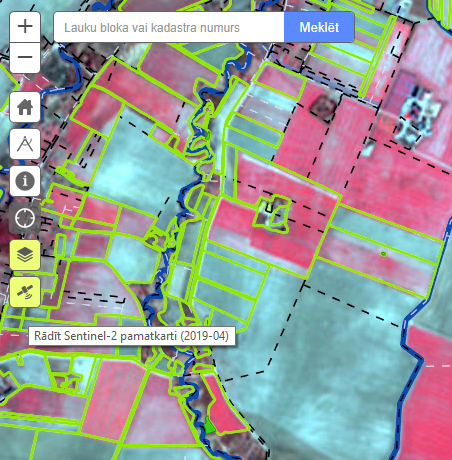 LadLatvija's tweet image. LAD lauku bloku kartē karte.lad.gov.lv jaunums! Tagad ir iespēja ortofoto vietā redzēt arī Sentinel-2 satelīta attēlus infrasarkanajā krāsu režīmā. Tas sniedz aktuālāko informāciju un palīdz ērtāk atšķirt dažādas lauku kultūras.  #Sentinel-2 #LPIS #Agriculture