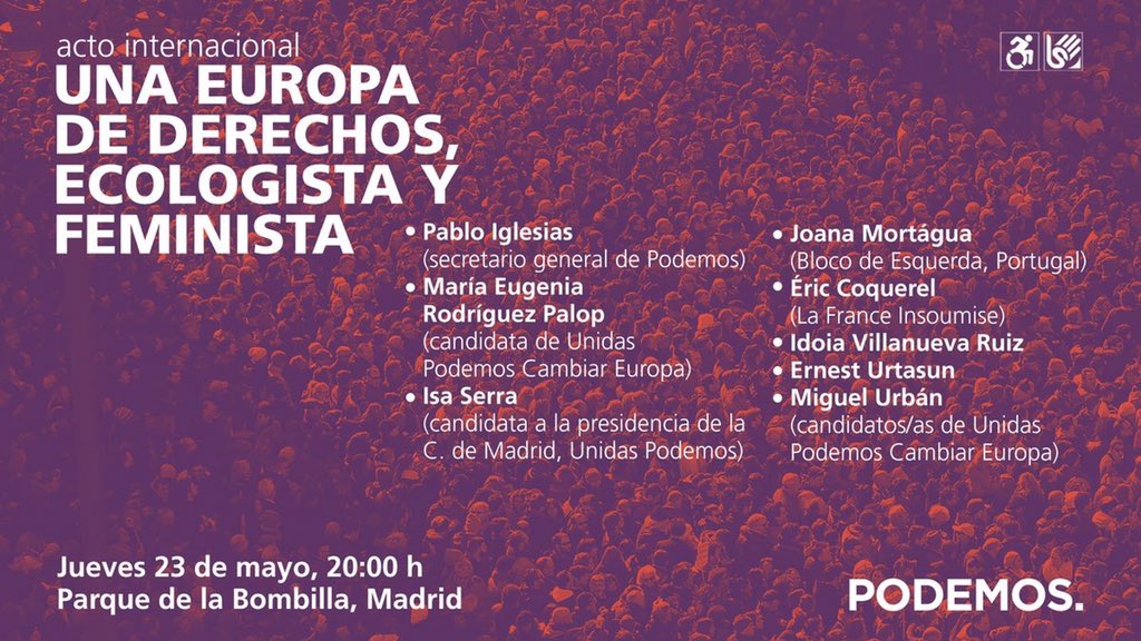 Esta noche voy a estar en Madrid con un montón de amigos y amigas dando la pelea por una Europa mejor! Nos vemos a las 20h en el Parque de la Bombilla! @ahorapodemos