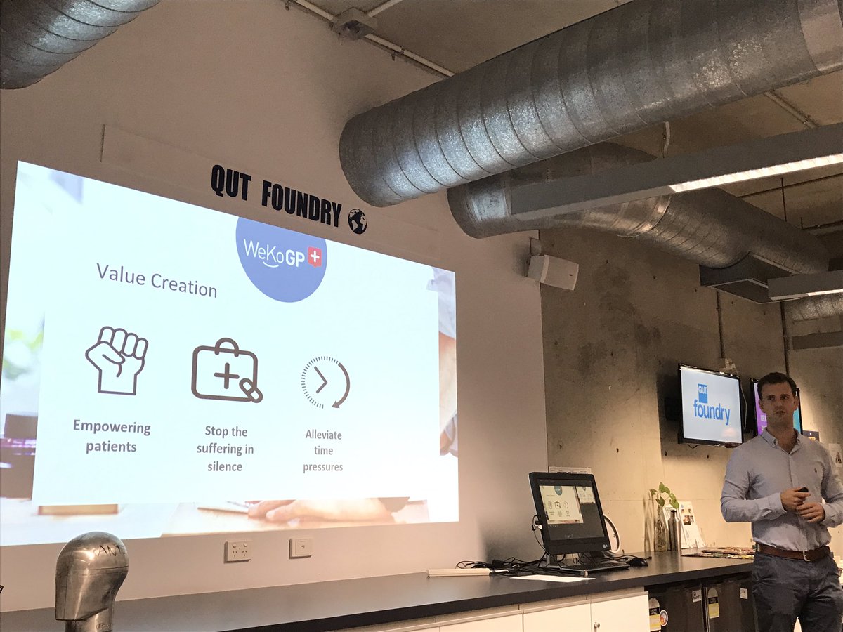 QUTEship's tweet image. #IDEASlaunched pitch @qutfoundry by Ross of #WeKo #GP, a health #entrepreneur, economist, &amp;amp; #QUT HDR #research student, is helping the great number of people suffering #health issues, leveraging the ‘dead’ waiting time in #doctors waiting rooms, &amp;amp; making care more proactive!
