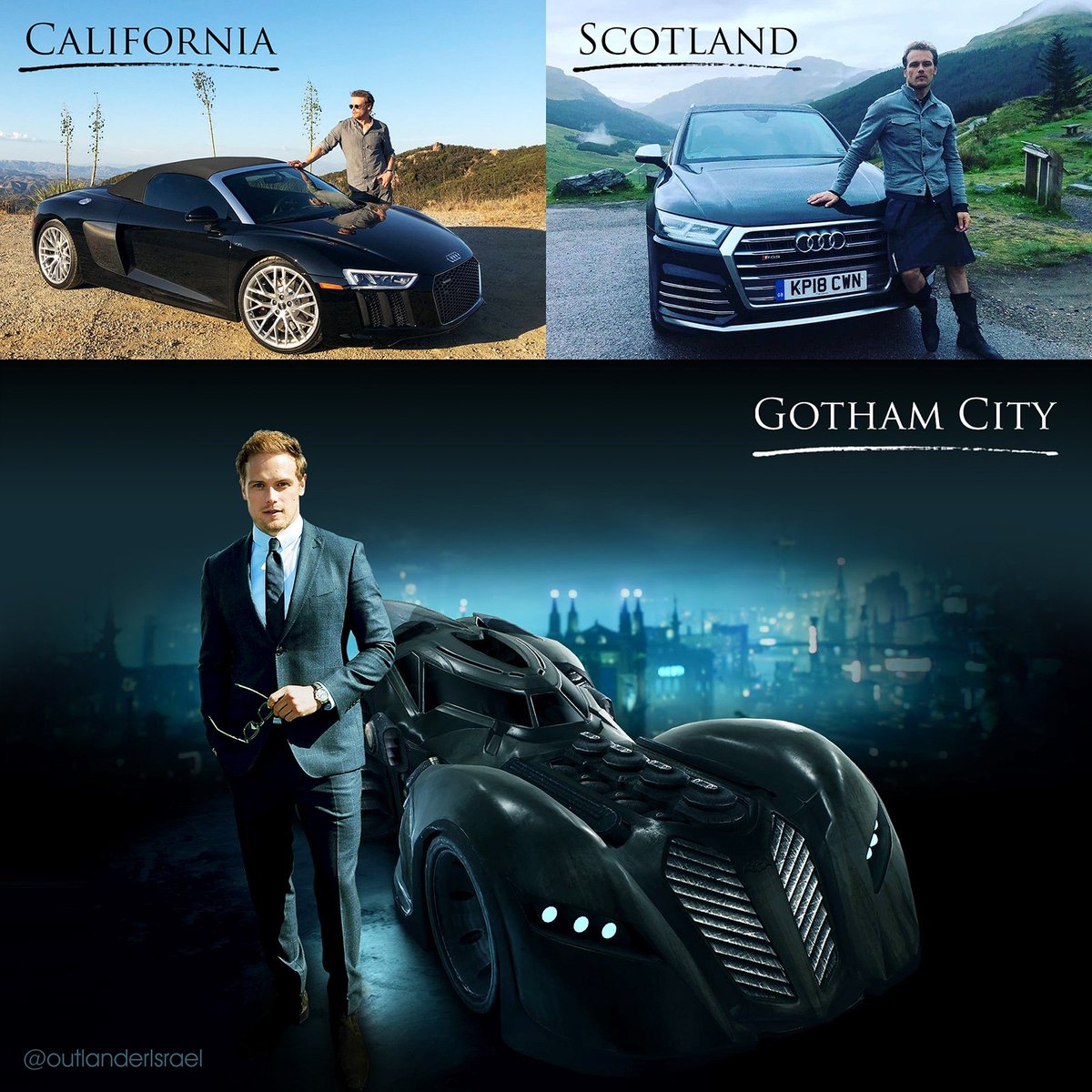 outlanderisrael's tweet photo. . @samheughan, around the world, posing with his cars ๐
#samheughan #BatSam #samobile #outlanderisrael #bestactor #batman
batmobile original illustration credit to "Original Arkham Batmobile" video game
Sam's photo credit to farfarawaysite https://t.co/Y6GHzFG3qh