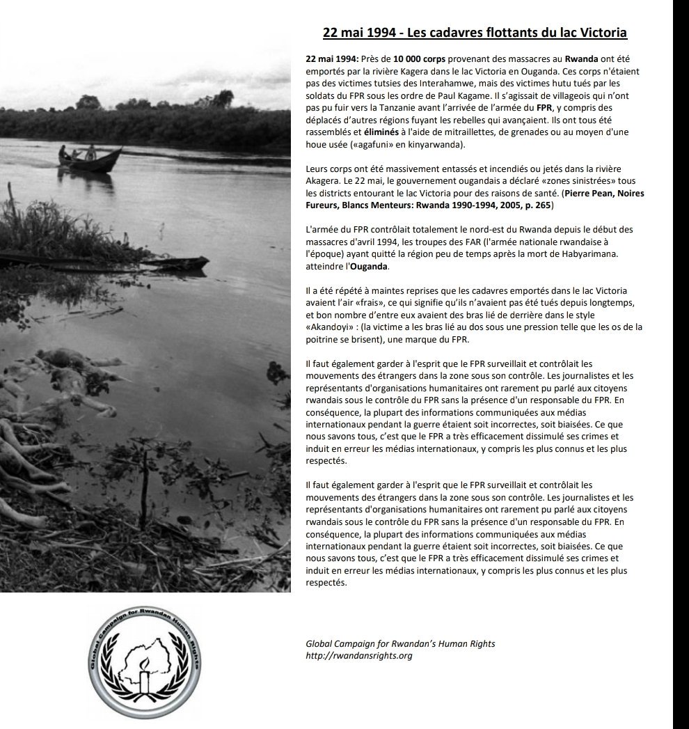 HutuGenocide's tweet photo. 22 mai 1994: 10 000 corps provenant des massacres au #Rwanda ont été emportés par la rivière Kagera dans le lac Victoria en #Ouganda. Ces corps n'étaient pas des victimes #tutsi des Interahamwe, mais des victimes #hutu tués par les soldats du #FPR
#HutuGenocide
#WeWontBeSilent https://t.co/5GUf8bHTYA