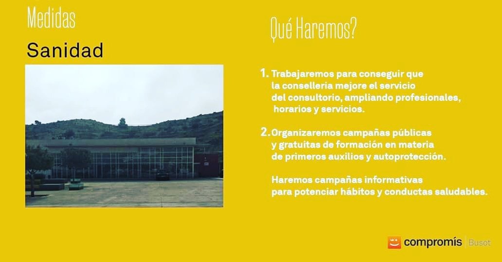 CompromisBusot's tweet image. La salut 👩‍⚕️dels nostres veïns i veïnes és un dels eixos del nostre programa.🏥

Per això #CompromísPerBusot  té les següents propostes en aquesta matèria👇
#CompromísPerBusot
#SanitatDigna
#ConsultoriEfectiu