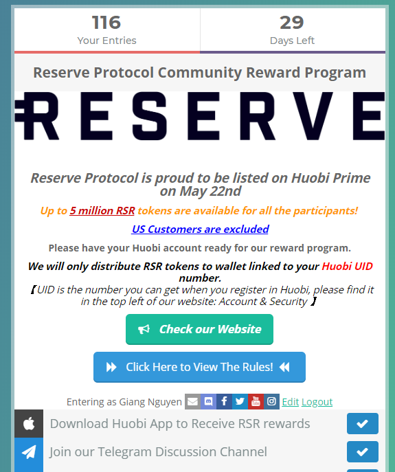 thinhphat9999's tweet photo. Chương trình Airdrop của Sàn Houbi. Còn 29 ngày kết 
Nhận đến 600 RSR đã được list sàn Houbi
https://t.co/wkbU1Tzpsc https://t.co/ghyZDsj8v6