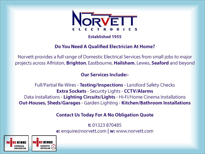 @NorvettUK - Your Local Electricians In East Sussex

#electricians #domesticelectricians #wiring #cctv #alfriston #brighton #hailsham #lewes #seaford