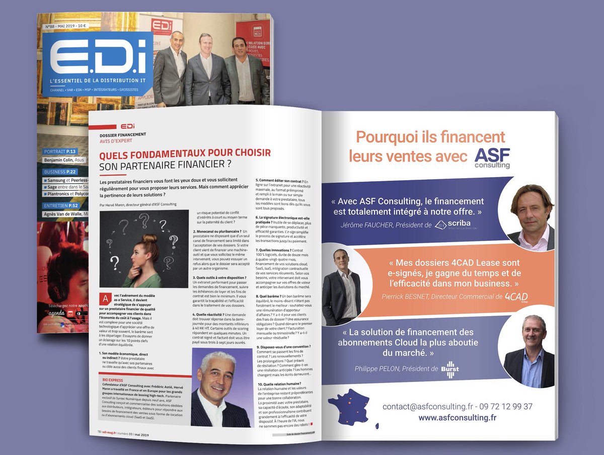 Ce mois-ci, à l'occasion du dossier spécial financement du <a href="/MagazineEDI/">Magazine EDI</a>, retrouvez page 78 l'avis d'expert d'Hervé Maron (DG d'ASF Consulting) qui vous donne 10 points clés pour choisir au mieux
votre partenaire financier. 
Lien de l'article 👉 bit.ly/2VV29CZ