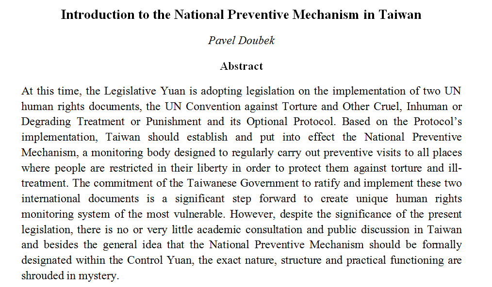 PavelOak's tweet photo. Finalising a journal paper on the general issues of the #OPCAT in #Taiwan. The first research paper on #NPM in here! Thanks for fellowship @TFDemocracy. Really excited about the consequent discussions with #ControlYuan #LegislativeYuan @Focus_Taiwan and my NPM friends! 🇹🇼🇨🇿 https://t.co/UI7Z7kZlla