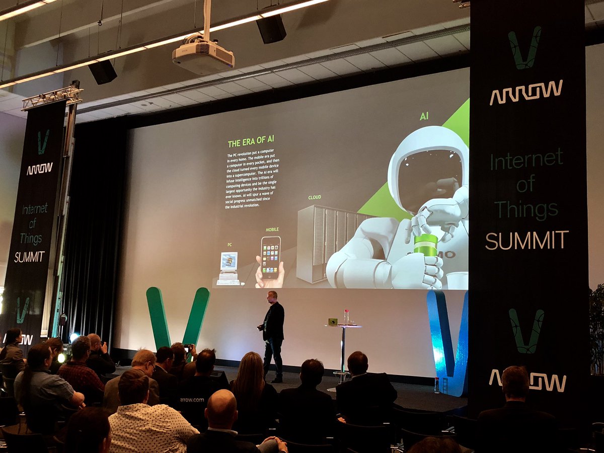itaanila's tweet photo. The era of AI - our second Arrow IoT Summit 2019 keynote comes from AI powerhouse @nvidia. Eddie Seymour of @NVIDIAEmbedded on stage... #arrowiot #IoT #AI https://t.co/dBGpLHQFYu