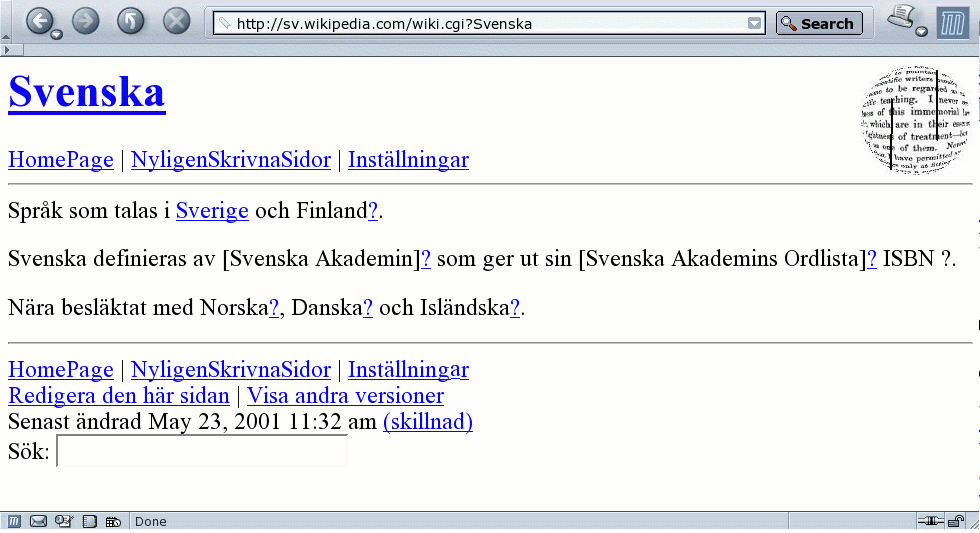 Grattis till svenskspråkiga Wikipedia som fyller 18 år!🍾 Här är den allra äldsta bevarade sidan – "Svenska" – som publicerades den 23 maj 2001. Sedan dess har det hänt en del, i dag finns drygt 3,7 miljoner artiklar på svenska 🙌 👭 👫 👬<a href="/WikimediaSE/">Wikimedia Sverige</a>  • internetmuseum.se/tidslinjen/wik…
