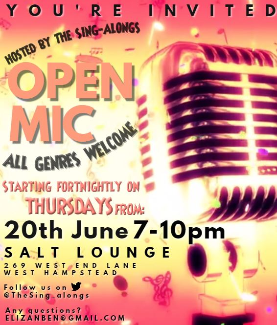 * All genres welcome (Musical Theatre, Jazz, New Writing, Country, etc.)
* Can be filmed if required
* Fab opportunity to test new material 
* Gain confidence performing in friendly &amp; supportive environment 
#Openmic #westhampstead #kilburn #queenspark #kensal #nw6