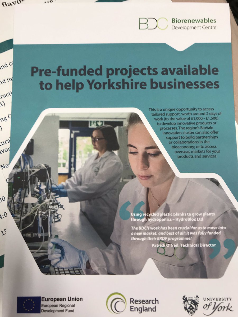 If you are at <a href="/NEPIC_Ltd/">NEPIC</a> @BioVale_Cluster <a href="/CosmeticCluster/">Cosmetics Cluster UK</a> @CrodaInc event today - chat to us. We have pre funded projects available to Yorkshire SMEs who want to scale up their #biobased products or processes #f&amp;fworkshop