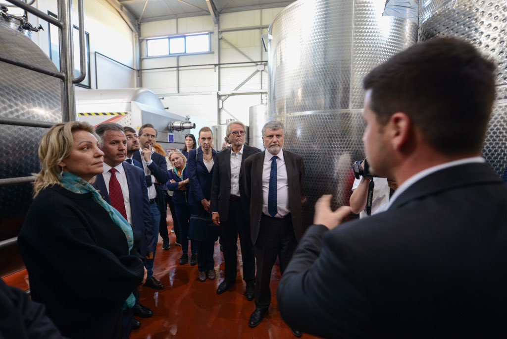 ApostolovaEU's tweet photo. In Rahovec/Orahovac 2day w/ #EU HOMs & Mayor Latifi witnessing EU investment boosting local economy tru wine industry in 🇽🇰. EU support 2 #BIOPAK winery alone has helped increase production & exports amounting 2 80%. EU has also supported Stone Castle & Bodrumi i Vjeter wineries. https://t.co/av404G2Byn