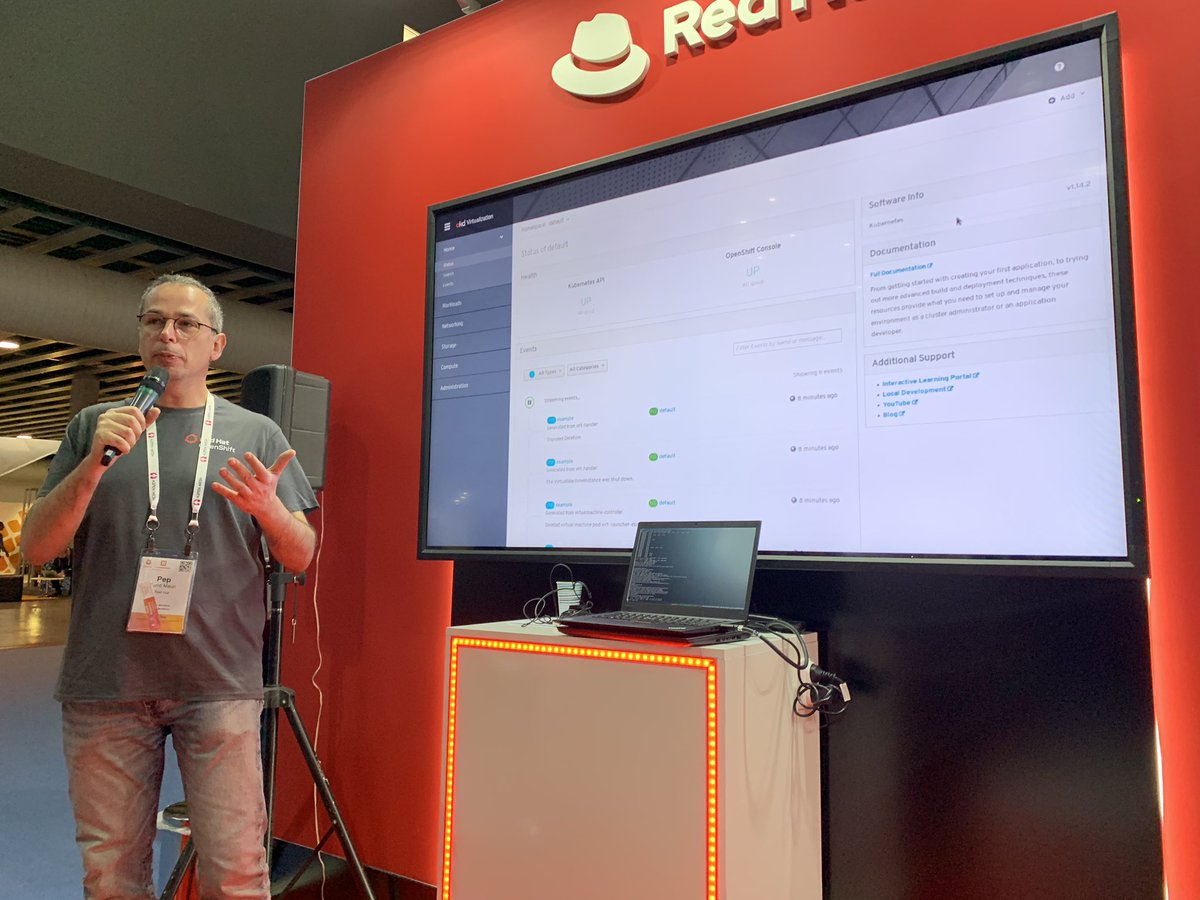 Want to use #Kubernetes with #VMs? Try out <a href="/kubevirt/">KubeVirt</a> to manage your virtual machines. <a href="/codificat/">Pep Turró Mauri</a> presents at #RedHat booth at #KubeCon in #Barcelona. <a href="/redhatopen/">Red Hat Community</a> <a href="/openshift/">Red Hat OpenShift</a> <a href="/RedHatEvents/">Red Hat Events</a> <a href="/RedHatEMEA/">Red Hat EMEA</a> @redhat