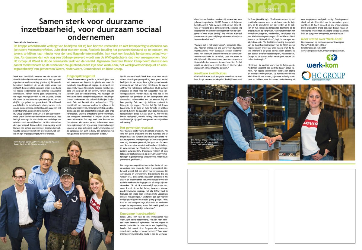 Mooi artikel in <a href="/weertmagazine1/">weertmagazine</a> over de samenwerking tussen <a href="/Werk_Kom/">Werk.Kom</a> en <a href="/HCdistributie/">HC Distributie</a> . Samen maken ze zich sterk voor duurzaam werk!