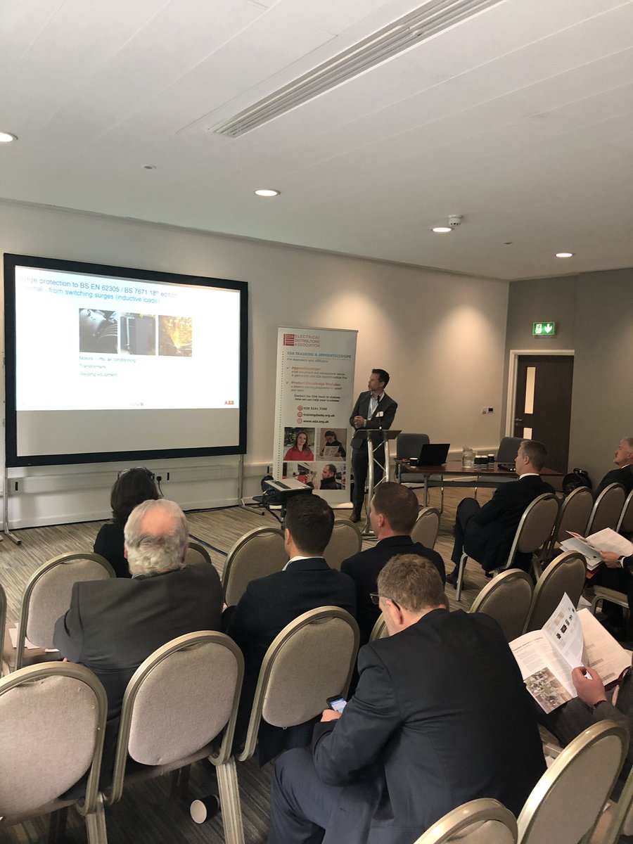 EDA_UK's tweet photo. Joe Ellwood of @ABBUKEP talking about stability of supply and surge protection against disruption,  degradation, damage and downtime. https://t.co/K1v2Et4cjJ