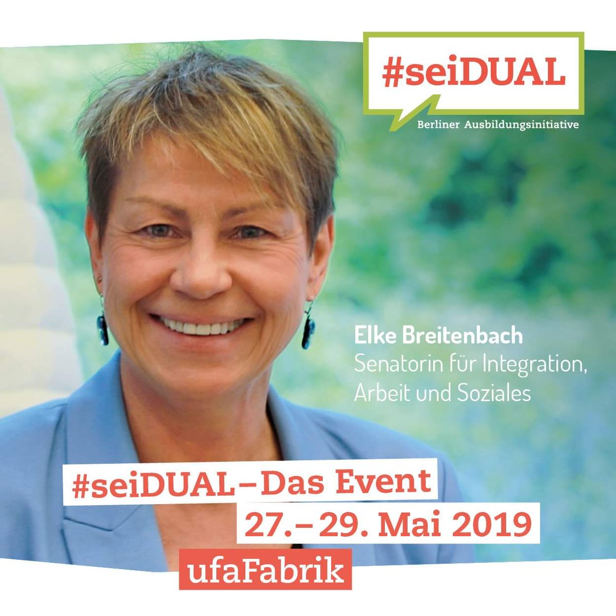 sei_dual's tweet photo. Wir freuen uns sehr, dass Elke Breitenbach, Senatorin für Integration, Arbeit und Soziales, #seiDUAL – Das Event offiziell eröffnen wird! Wir können es kaum erwarten: Am 27.5.2019 um 10 Uhr geht es los!
#dasEvent #baldgehtslos #Ausbildung #Praktikum #dukannstwas #seiDUAL https://t.co/X2ijN8jtMG