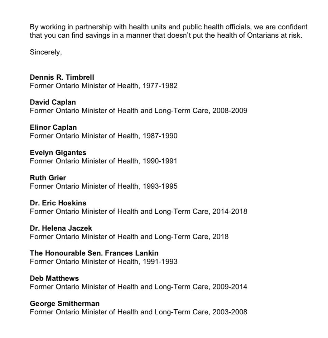 JohnTory's tweet photo. 10 former Ontario Ministers of Health - from past PC, NDP, &amp; Liberal governments - have released a joint open letter calling on the Province to reverse cuts to Public Health. Add your voice to opposing these cuts by signing the petition: https://t.co/NCP3LsAYil https://t.co/jsga6POQao