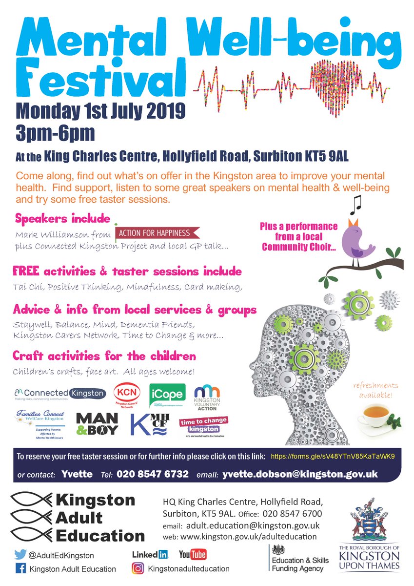 So excited about our Mental Well-being Festival on Monday 1 July 3pm-6pm at the King Charles Centre. Free event, everyone welcome. Info &amp; advice from local services/groups, free activities &amp; taster sessions #mentalhealth #adultlearning #support <a href="/actionhappiness/">Action for Happiness</a> <a href="/RBKingston/">Kingston Council</a>