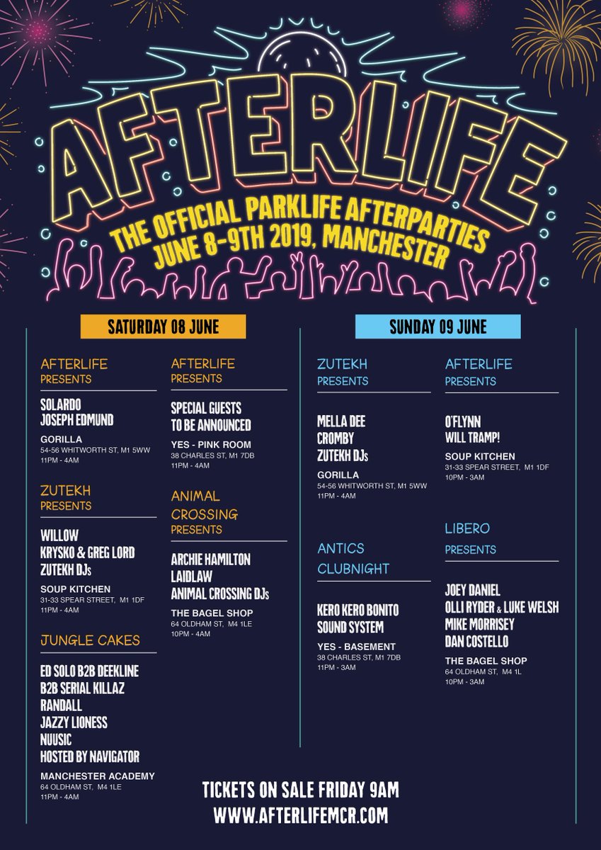 Welcome to Afterlife... 
The official Parklife afterparties have landed. 

For a chance to win x4 guestlist to a show of your choice RT &amp; @tag 3 mates.

Tickets on sale tomorrow 9am: afterlifemcr.com