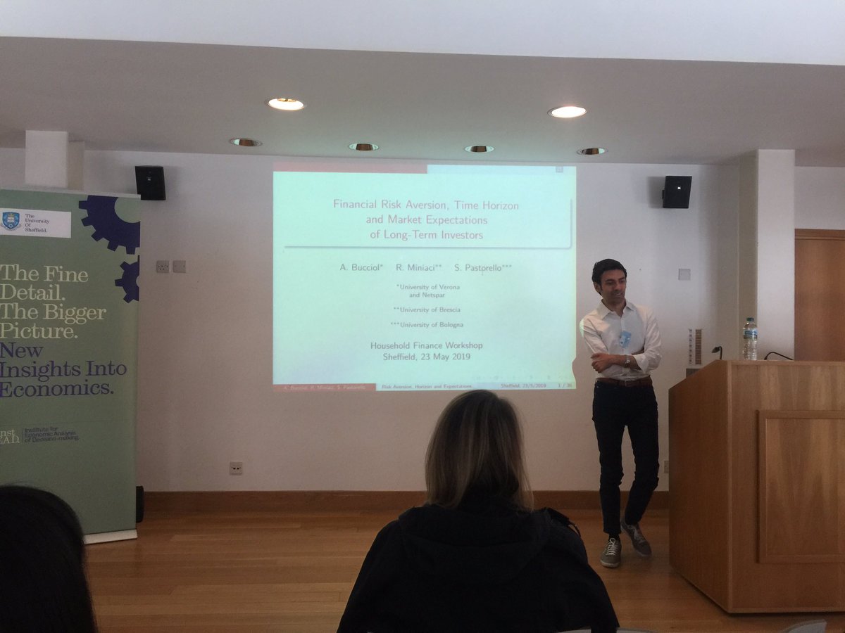 CeliaTWallace's tweet photo. Alessandro Bucciol will now present on ‘Financial Risk Aversion and Time Horizon of Long-Term Investors’.  @insteadsheff @sheffeconomics @sheffielduni #hfworkshop19 https://t.co/73fzaACKaU