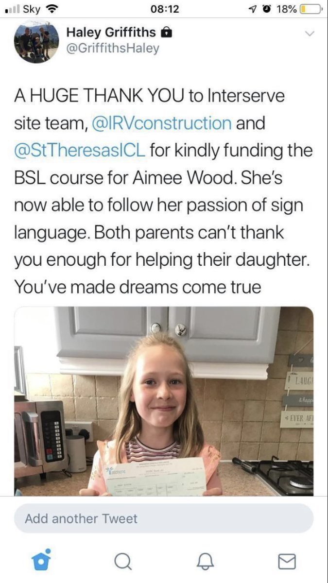 StTheresasICL's tweet photo. The Interserve Construction site team down at St Theresa’s are happy to help out such a worthy cause. @IRVconstruction #deafactive #Construction #sttheresas https://t.co/NCCuFyvISa
