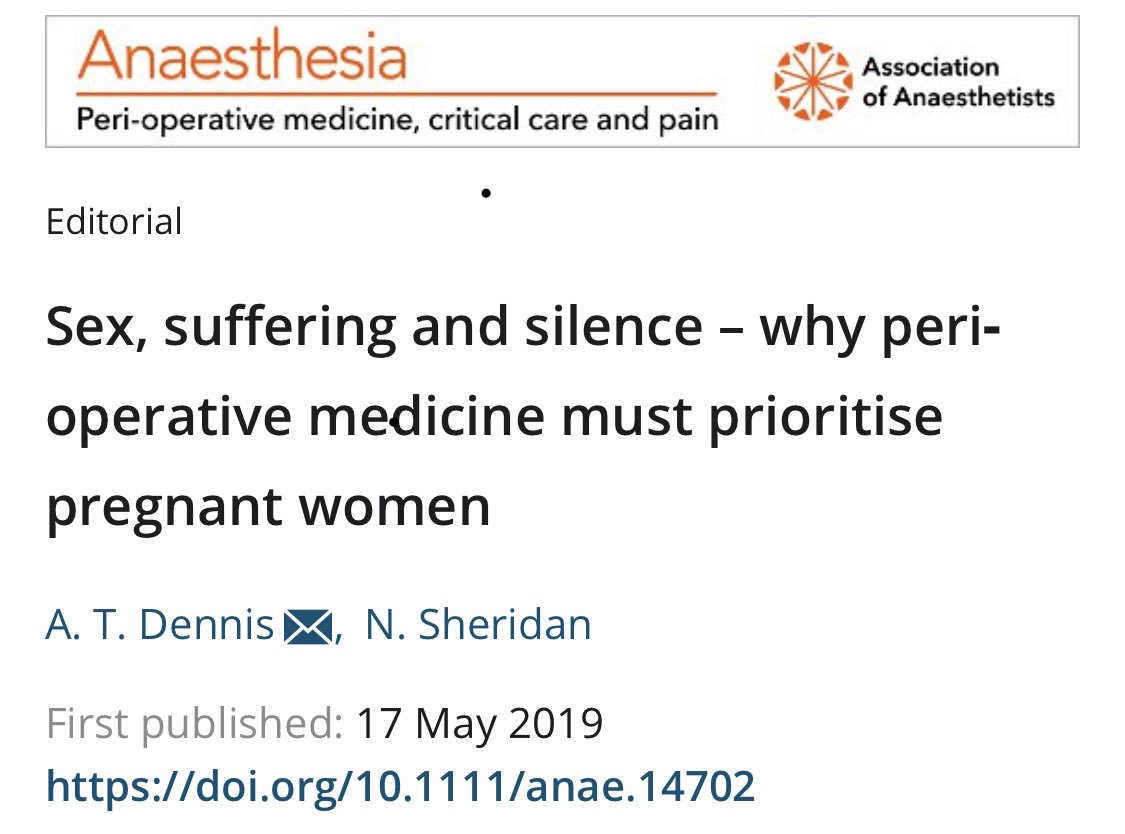 We must not forget pregnant women in #perioperative medicine 
“Sex, suffering and silence - why peri-operative medicine must prioritise pregnant women” 
Our new editorial in @Anaes_Journal onlinelibrary.wiley.com/doi/full/10.11…  #oaanewcastle2019 #caesareansectionsurgery #UHC #surgicaloutcomes