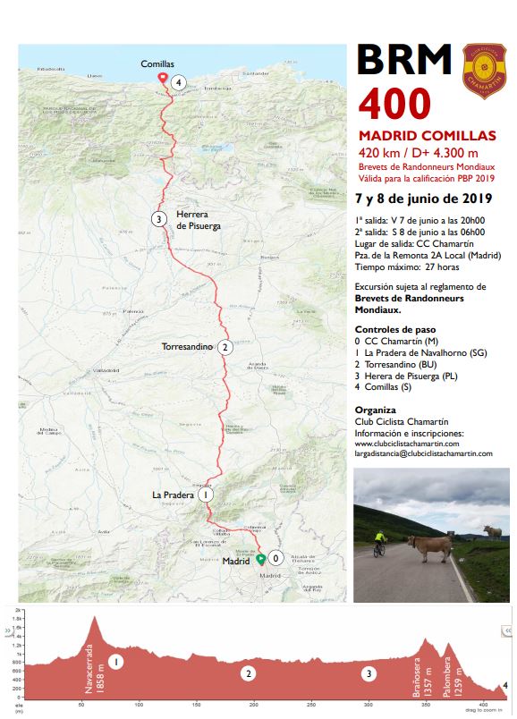 #BRM400 COMILLAS 7-8 JUNIO
420km D+4.300
Lugar/horas salida: CCChamartín, Pza Remonta 2A
1ª 7jun 20h00
2ª 8jun 06h00
Tiempo máx: 27horas
Preinscripciones hasta 3Jun
#cycling
#ranndoneurs
#velo
#brevet
<a href="/IAmRandonneur/">IAmRandonneur.com</a>
@openrunner 
+info:
largadistancia@clubciclistachamartin.com