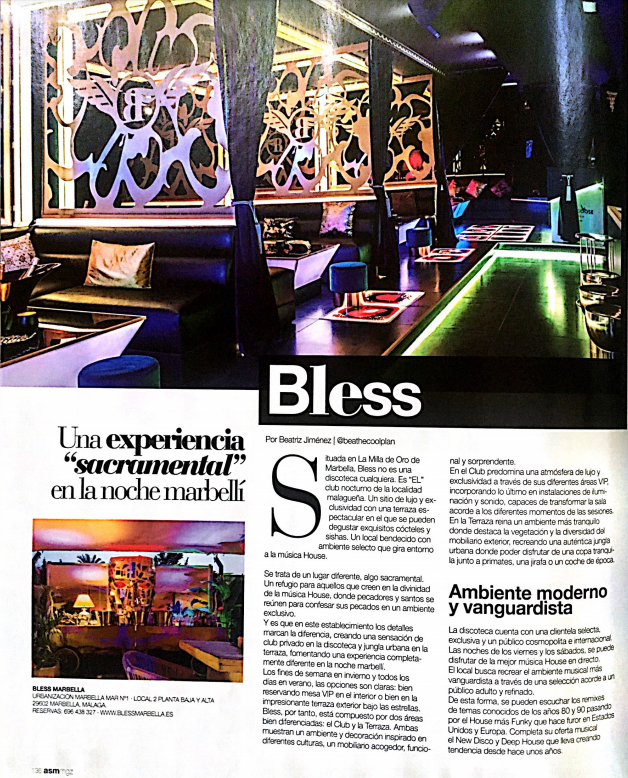 Conoce un poco más de #BlessMarbella en mi artículo de <a href="/ASMMAGAZINE/">asm magazine</a> 
Se trata de uno de los clubs más modernos y elegantes de Marbella.  #thecoolplan #lifestyle
