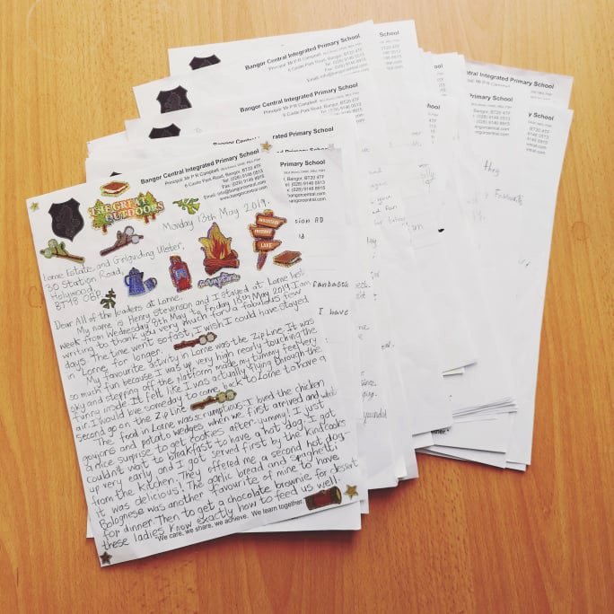 What a wonderful surprise to receive letters from ALL the <a href="/BCIPSPrincipal/">Bangor Central IPS</a> pupils that came to Lorne for their activity residential!

We are so glad that you enjoyed our 'scrumptious' food, 'perfect' accommodation and 'outstanding' outdoor activities!

#LorneEstate #LiveLaughLorne