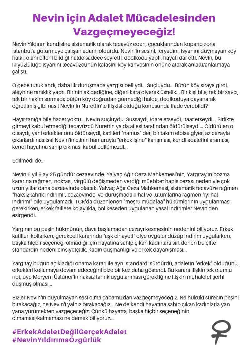 stkgkdg's tweet photo. Yargıtay’ın onama kararına karşı feminist avukatların açıklaması: #NevinİcinAdalet mücadelemizden vazgeçmeyeceğiz! https://t.co/Q6fnFdOl7G